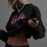 Loose worn-out washed letter embroidered hooded jacket