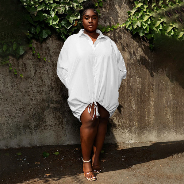 Solid color long sleeved loose drawstring shirt large dress