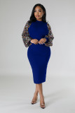 Sequin sleeve patchwork solid color mid length dress