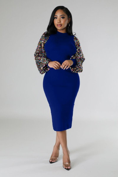 Sequin sleeve patchwork solid color mid length dress