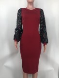 Sequin sleeve patchwork solid color mid length dress