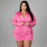 Women's solid color pleated sexy buttocks wrapped large dress