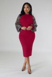 Sequin sleeve patchwork solid color mid length dress