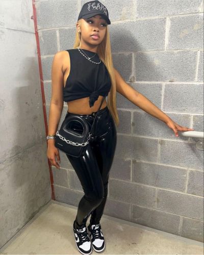High waisted elastic tight leather pants