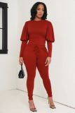 Solid color lantern sleeve sweater two-piece set