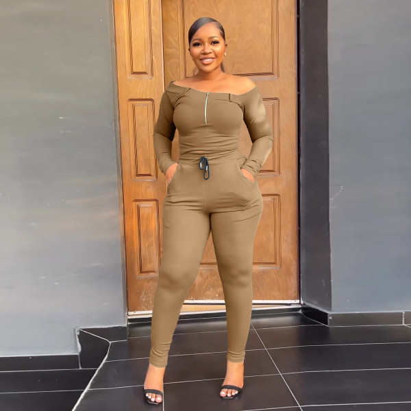 Off shoulder zippered long sleeved pants casual sports set