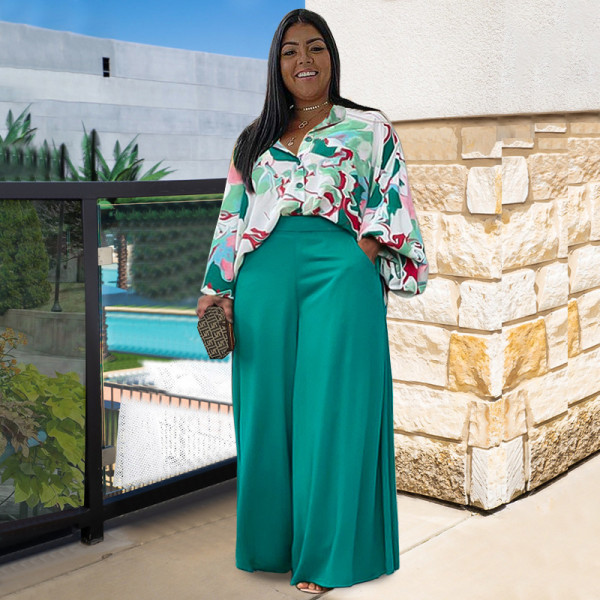 Loose oversized casual printed shirt top wide leg pants