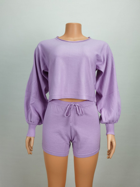 Bubble sleeved top and shorts set, sexy open navel sweater two-piece set