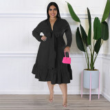 Solid color tie bow shirt sleeve loose casual ruffle large dress
