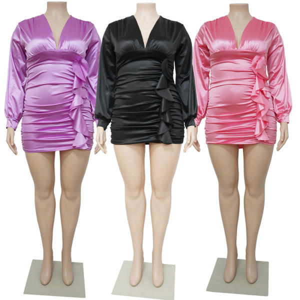 Women's solid color pleated sexy buttocks wrapped large dress