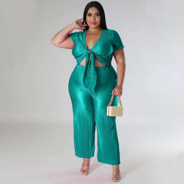 Pressed pleated wide leg pants with straps, fashionable elastic two-piece set