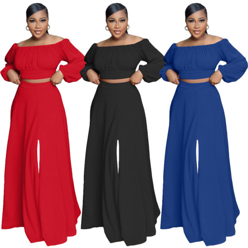 Off shoulder small lantern sleeve split skirt two-piece set