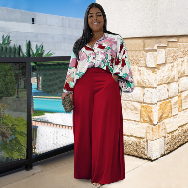 Loose oversized casual printed shirt top wide leg pants