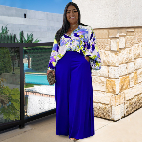 Loose oversized casual printed shirt top wide leg pants