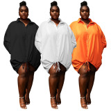 Solid color long sleeved loose drawstring shirt large dress