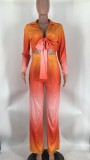 Gradient deep V long sleeved pants two-piece set