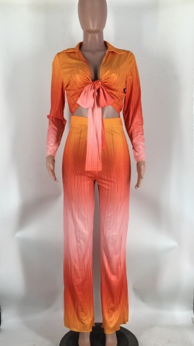Gradient deep V long sleeved pants two-piece set