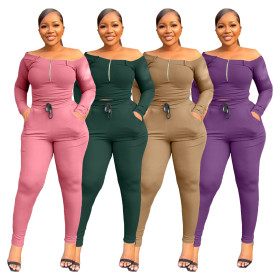 Off shoulder zippered long sleeved pants casual sports set