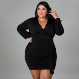 Women's solid color pleated sexy buttocks wrapped large dress