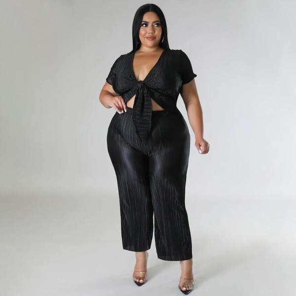 Pressed pleated wide leg pants with straps, fashionable elastic two-piece set