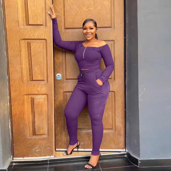 Off shoulder zippered long sleeved pants casual sports set