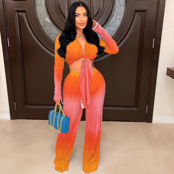 Gradient deep V long sleeved pants two-piece set