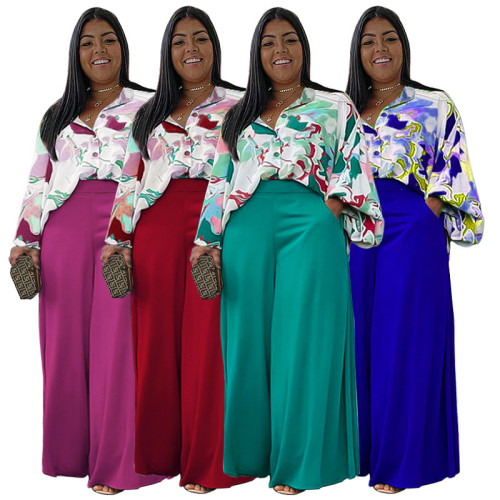 Loose oversized casual printed shirt top wide leg pants