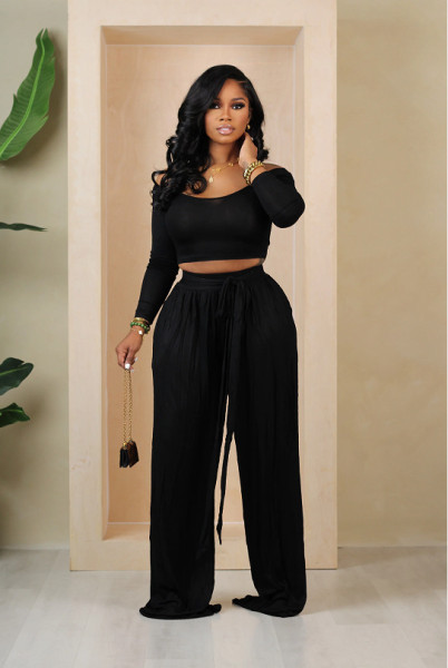 Solid color off shoulder long sleeved wide leg pants two-piece set