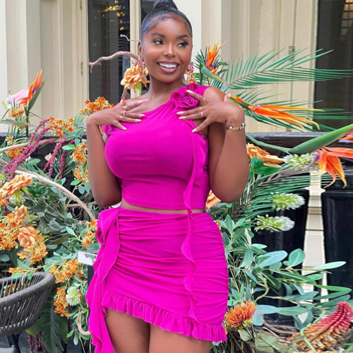 Oblique Shoulder Sleeveless Top Wrapped Hip Half Skirt Set