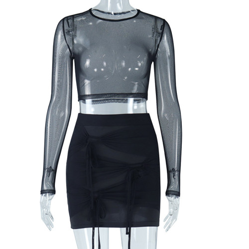 T-shirt mesh patchwork mini skirt fashion two-piece set
