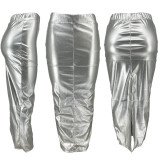 Solid Leather Split Slim Fit Wrap Hip Skirt