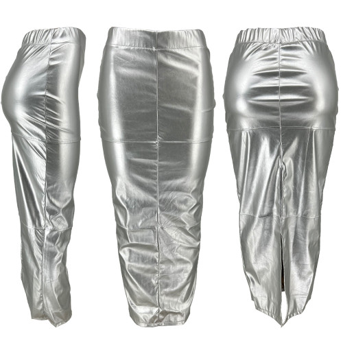 Solid Leather Split Slim Fit Wrap Hip Skirt