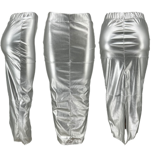 Solid Leather Split Slim Fit Wrap Hip Skirt