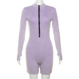 Long sleeved contrast colored high neck high waist tight short jumpsuit