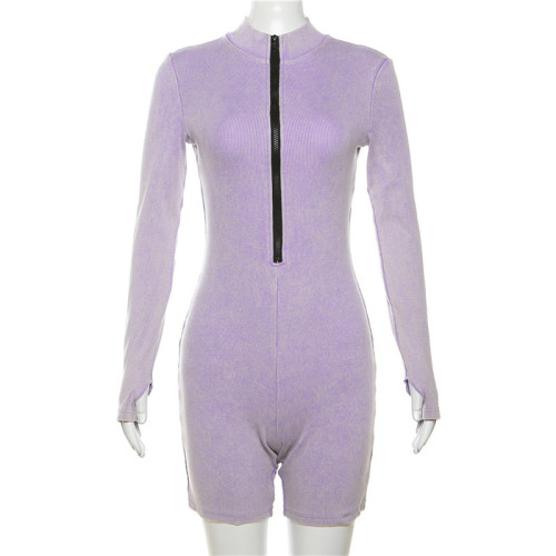 Long sleeved contrast colored high neck high waist tight short jumpsuit