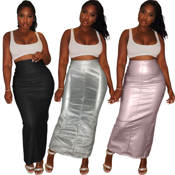 Solid Leather Split Slim Fit Wrap Hip Skirt