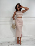 Women's Solid Color Slim Fit Split Two Piece Set