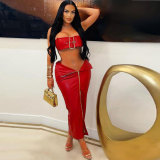 Sexy leather metal buckle tight wrap hip skirt set