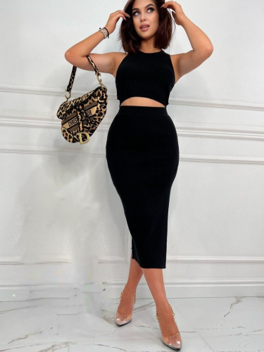 Women's Solid Color Slim Fit Split Two Piece Set