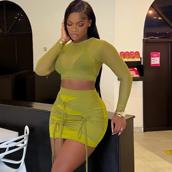 T-shirt mesh patchwork mini skirt fashion two-piece set