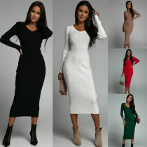 Women's V-neck Solid Knitted Mid length Dress Women's V-neck Solid Knitted Mid length Dress