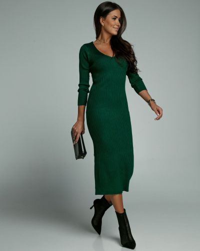 Women's V-neck Solid Knitted Mid length Dress