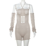 Hollow buttocks wrapped low neck tie tight knit high waisted jumpsuit shorts