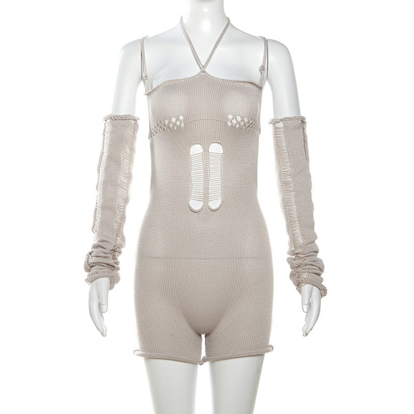 Hollow buttocks wrapped low neck tie tight knit high waisted jumpsuit shorts