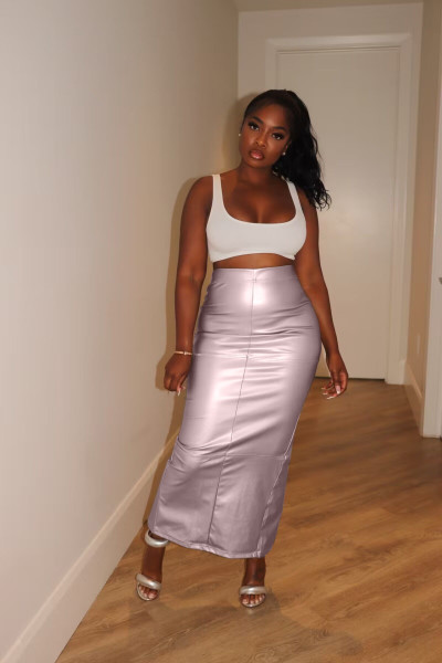 Solid Leather Split Slim Fit Wrap Hip Skirt