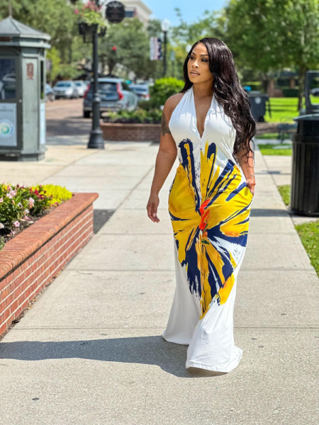 Sexy Open Back Hanging Neck Printed Long Dress