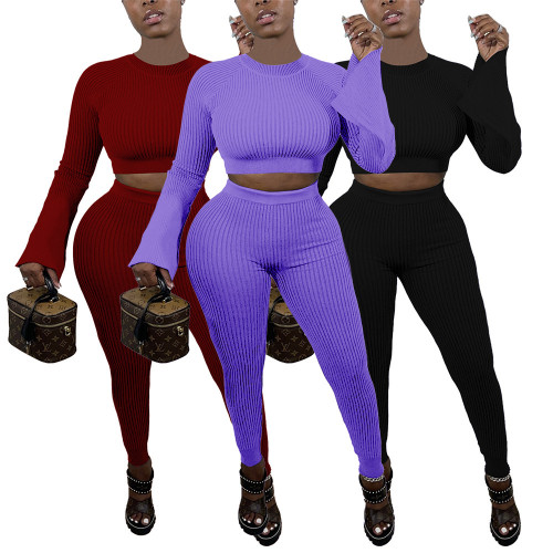 Pit Striped Flare Sleeve Pencil Pants Two Piece Set