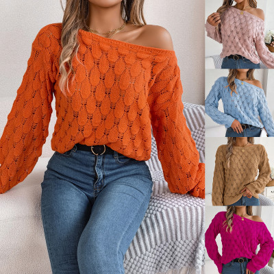 Feather Hollow Out One Line Neck Off Shoulder Lantern Sleeve Sweater