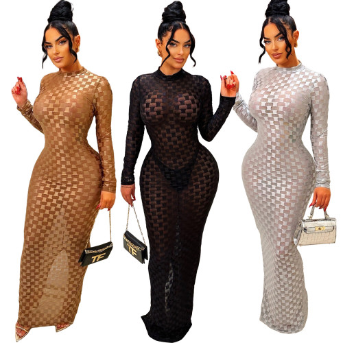 Fashionable and Sexy Perspective Round Neck Long Sleeve Dress
