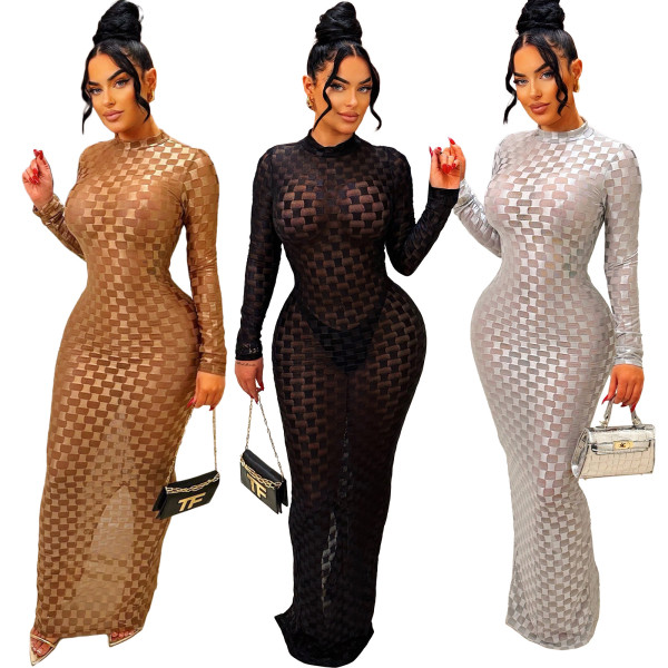Fashionable and Sexy Perspective Round Neck Long Sleeve Dress